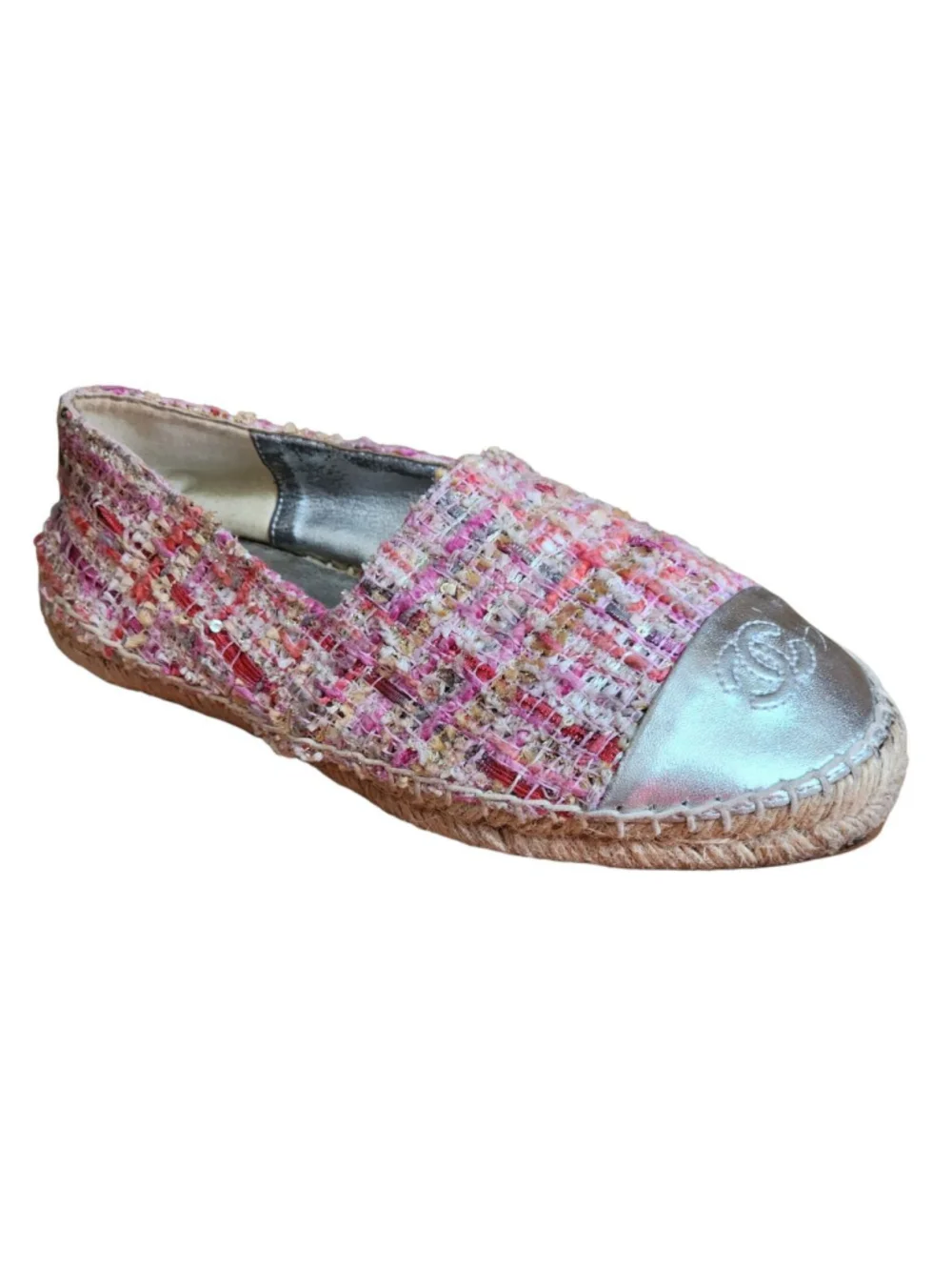 CHANEL Tweed Espadrilles Silver Metallic Cap Toe Flats Size‎ 36 6 Pink